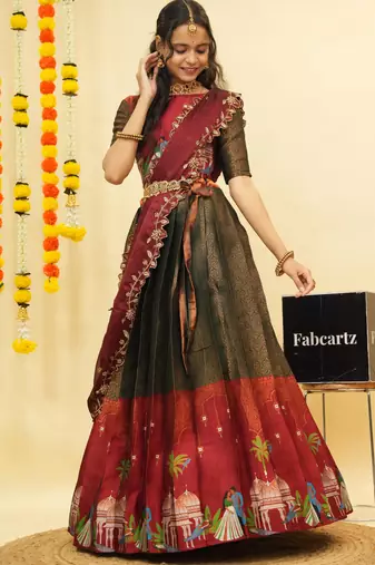 Green Embroidered Art Silk lehenga choli