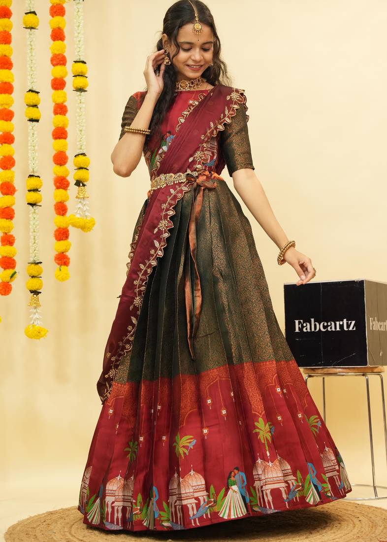 Green Embroidered Art Silk lehenga choli