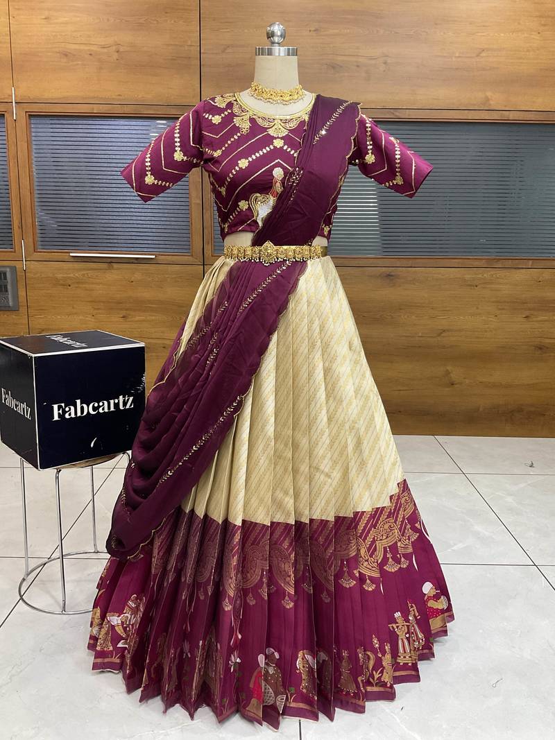 Beige Embroidered Taffeta lehenga choli