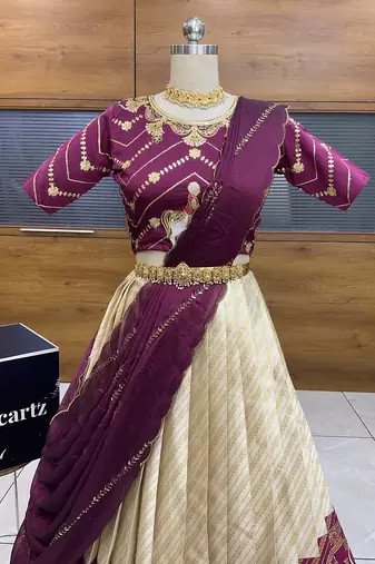 Beige Embroidered Taffeta lehenga choli