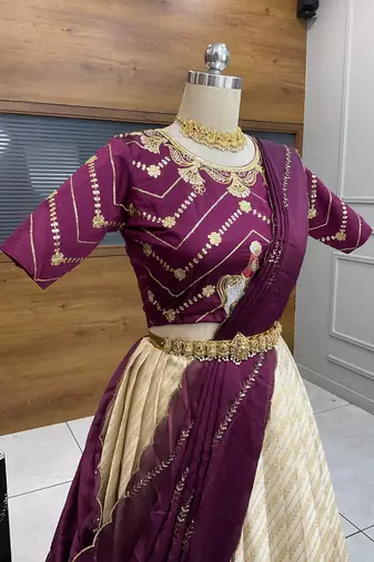 Beige Embroidered Taffeta lehenga choli