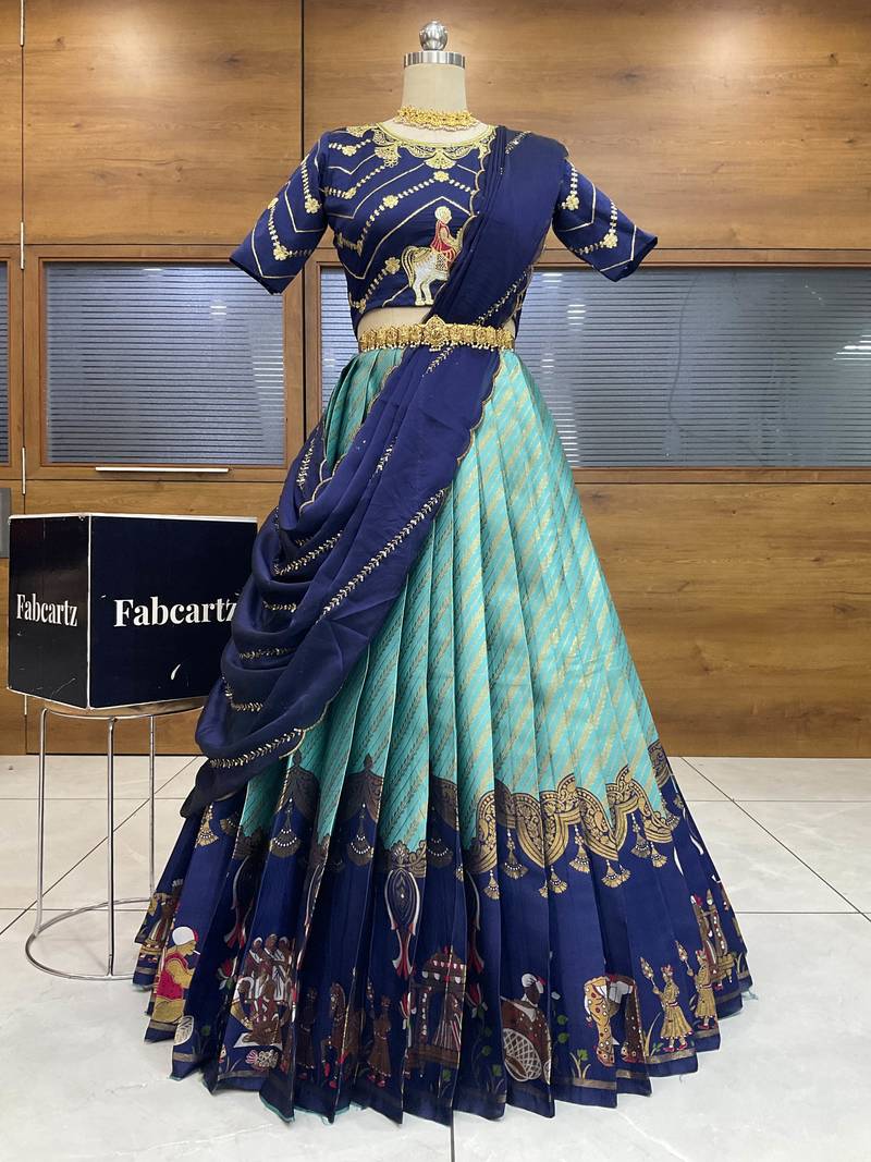 Blue Embroidered Taffeta lehenga choli