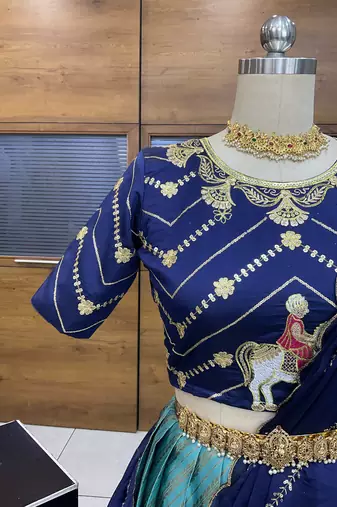 Blue Embroidered Taffeta lehenga choli