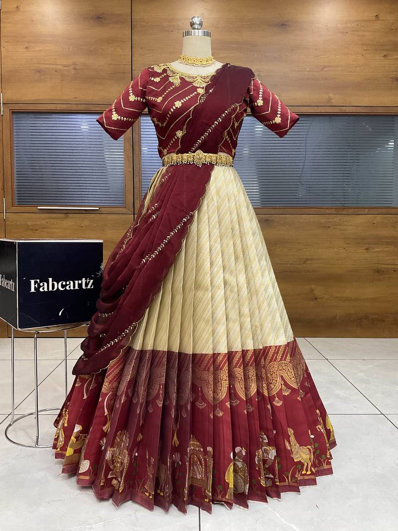 Maroon Embroidered Taffeta lehenga choli