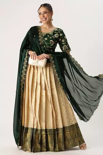Beige Embroidered Taffeta lehenga choli