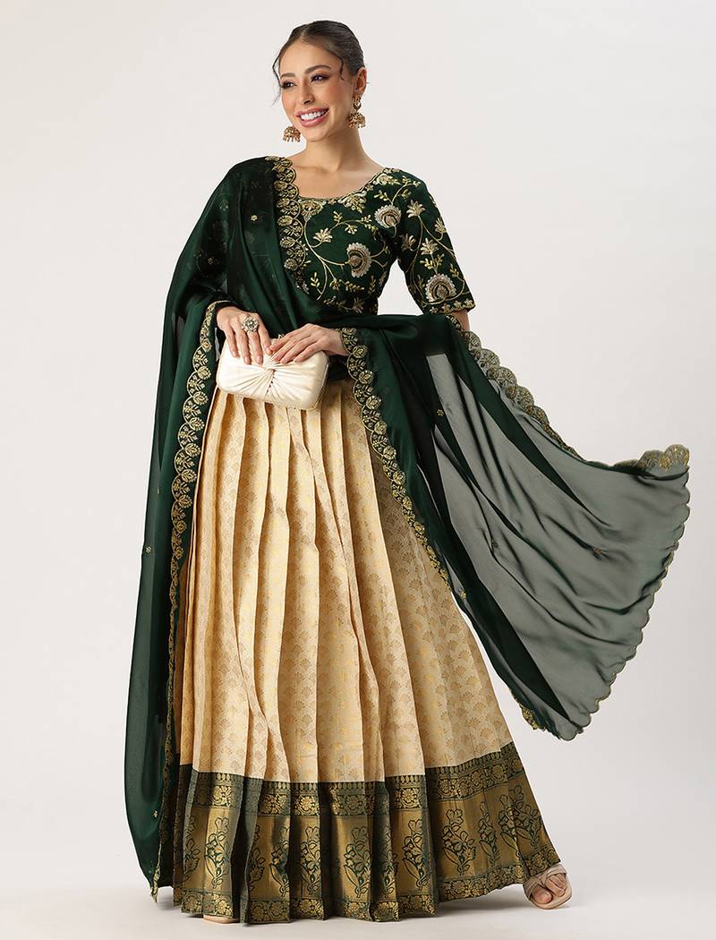 Beige Embroidered Taffeta lehenga choli