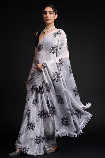 art silk saree with printed design & pallu lace border, paired with banglori unstitched blouse