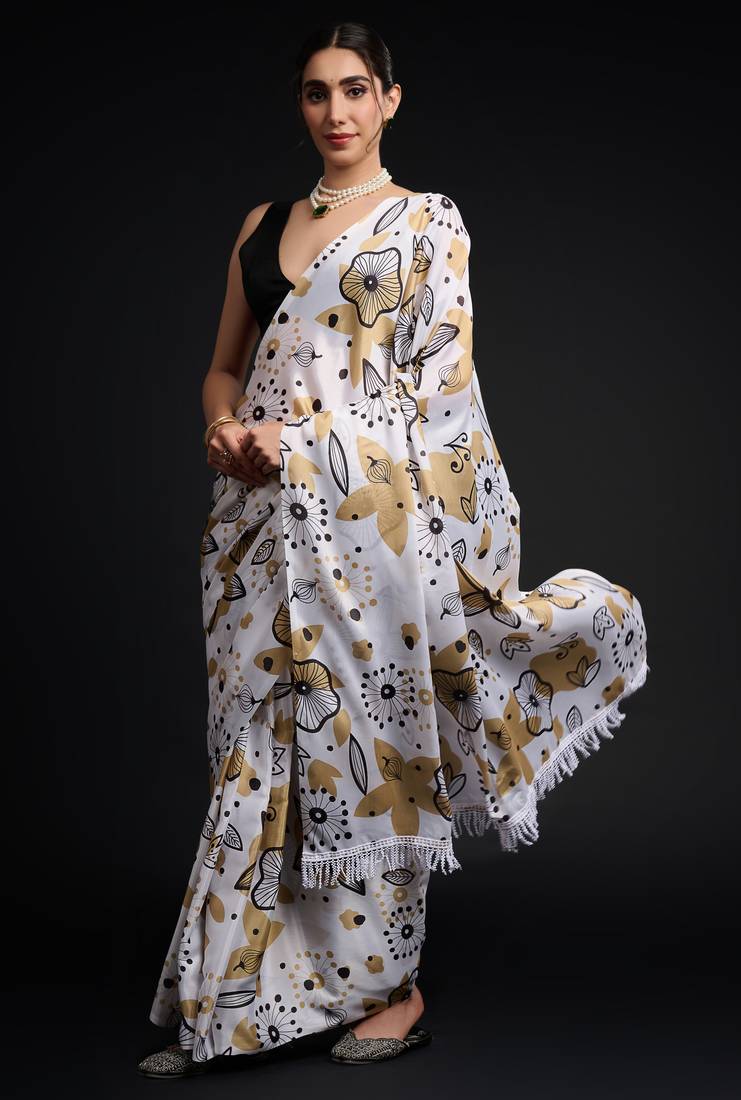 art silk saree with printed design & pallu lace border, paired with banglori unstitched blouse