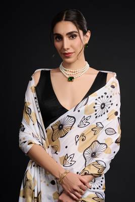 art silk blend saree with printed design & pallu lace border paired with banglori unstitched blouse 2