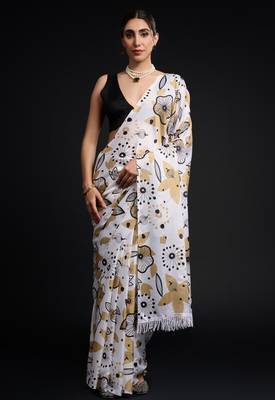 art silk blend saree with printed design & pallu lace border paired with banglori unstitched blouse 4
