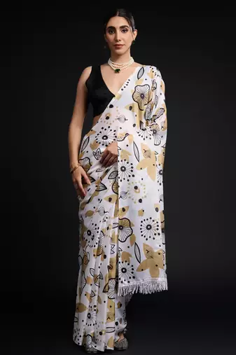 art silk blend saree with printed design & pallu lace border paired with banglori unstitched blouse
