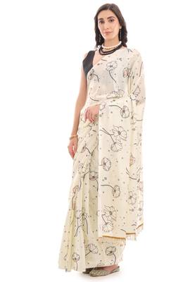 art silk blend saree with printed design & pallu lace border paired with banglori unstitched blouse 2