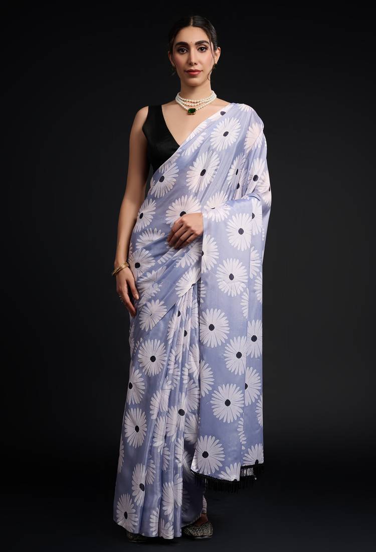 art silk saree with printed design & pallu lace border, paired with banglori unstitched blouse