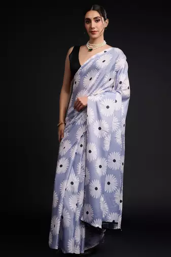 art silk blend saree with printed design & pallu lace border paired with banglori unstitched blouse