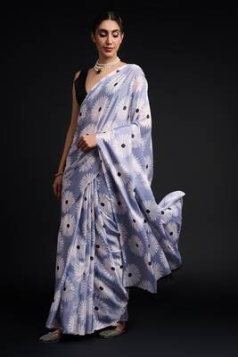 art silk blend saree with printed design & pallu lace border paired with banglori unstitched blouse 5