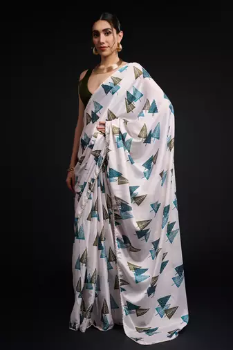 art silk saree with printed design & pallu lace border, paired with banglori unstitched blouse