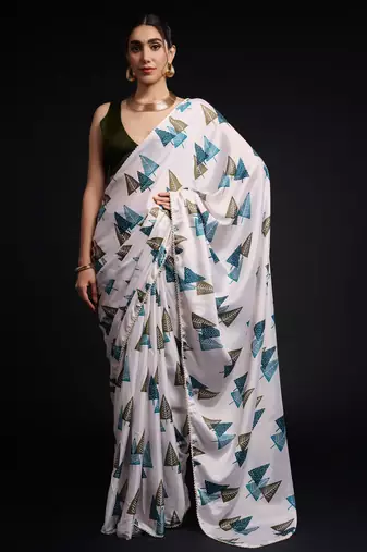 art silk blend saree with printed design & pallu lace border paired with banglori unstitched blouse