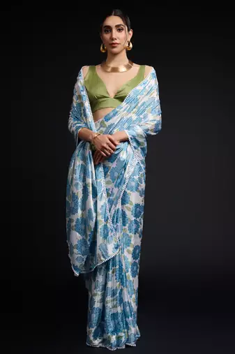 art silk saree with printed design & pallu lace border, paired with banglori unstitched blouse