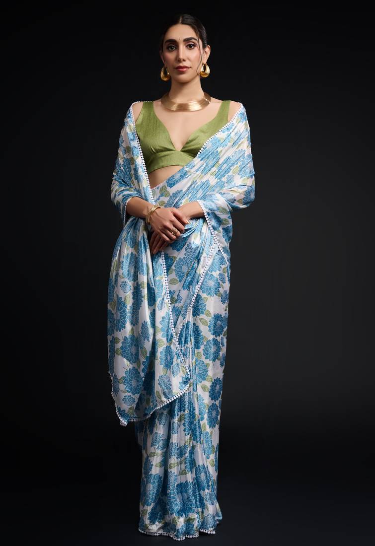 art silk saree with printed design & pallu lace border, paired with banglori unstitched blouse