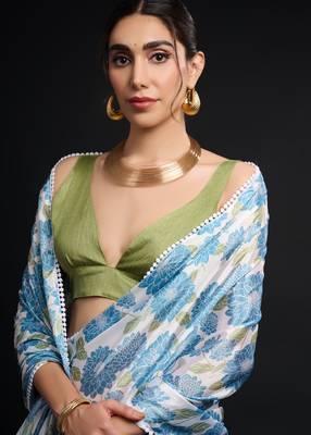 art silk blend saree with printed design & pallu lace border paired with banglori unstitched blouse 3