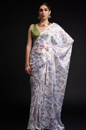 art silk blend saree with printed design & pallu lace border paired with banglori unstitched blouse