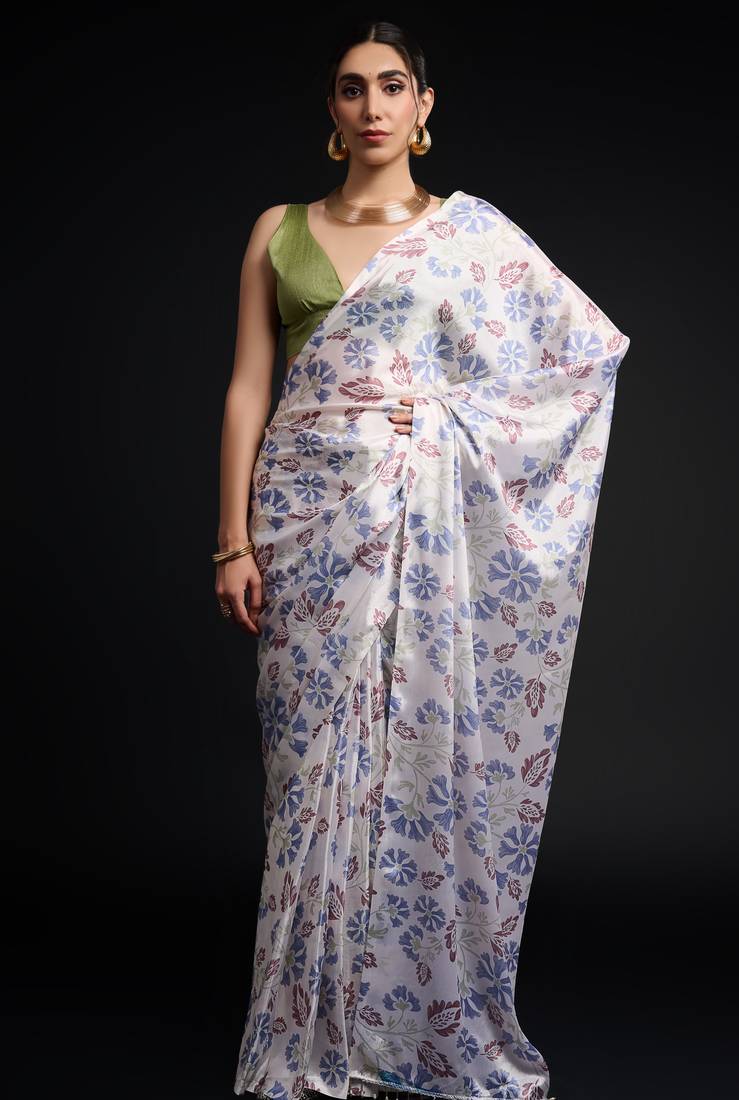 art silk saree with printed design & pallu lace border, paired with banglori unstitched blouse