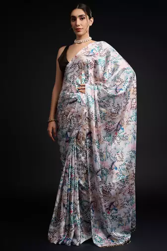 art silk blend saree with printed design & pallu lace border paired with banglori unstitched blouse