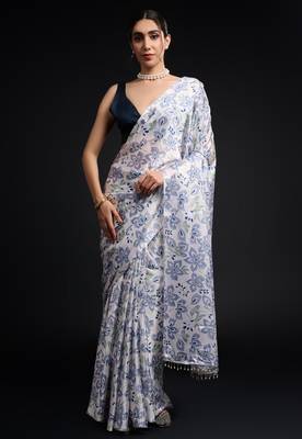art silk blend saree with printed design & pallu lace border paired with banglori unstitched blouse 1