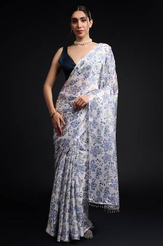 art silk saree with printed design & pallu lace border, paired with banglori unstitched blouse