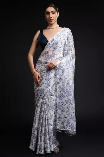 art silk saree with printed design & pallu lace border, paired with banglori unstitched blouse