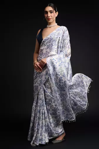 art silk blend saree with printed design & pallu lace border paired with banglori unstitched blouse
