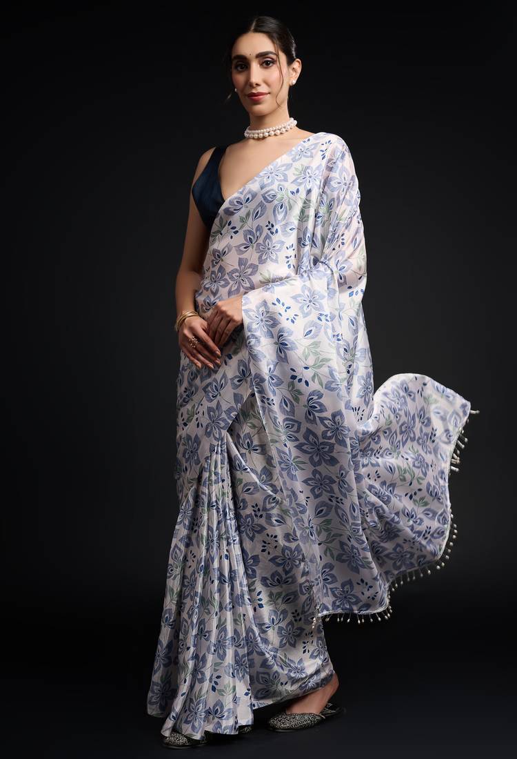 art silk saree with printed design & pallu lace border, paired with banglori unstitched blouse