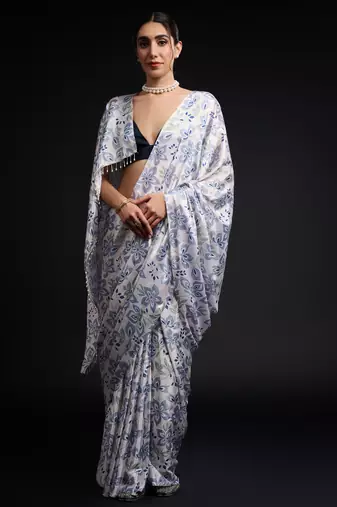 art silk blend saree with printed design & pallu lace border paired with banglori unstitched blouse