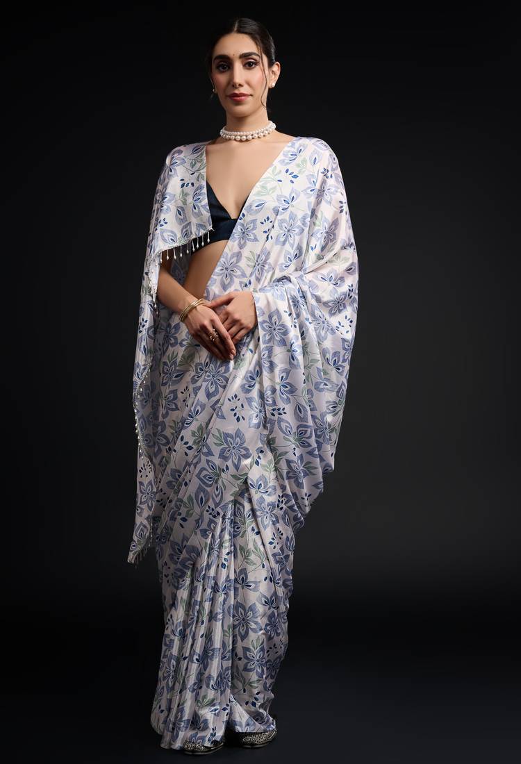 art silk saree with printed design & pallu lace border, paired with banglori unstitched blouse