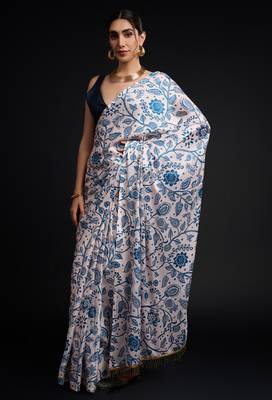 art silk blend saree with printed design & pallu lace border paired with banglori unstitched blouse 1