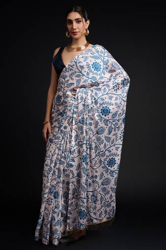 art silk saree with printed design & pallu lace border, paired with banglori unstitched blouse