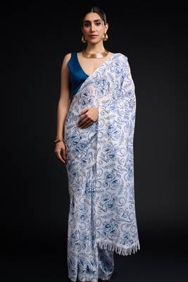 art silk blend saree with printed design & pallu lace border paired with banglori unstitched blouse 1