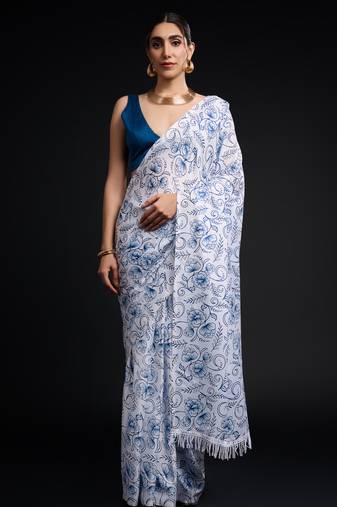 art silk saree with printed design & pallu lace border, paired with banglori unstitched blouse