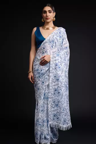 art silk saree with printed design & pallu lace border, paired with banglori unstitched blouse