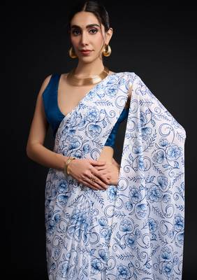 art silk blend saree with printed design & pallu lace border paired with banglori unstitched blouse 3