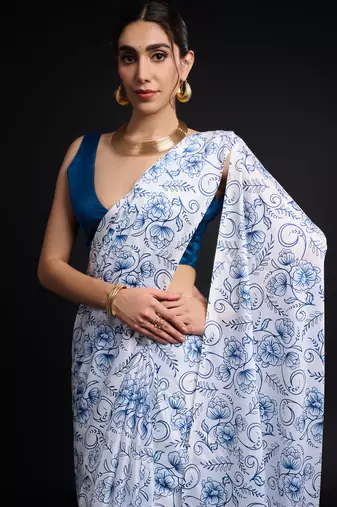 art silk blend saree with printed design & pallu lace border paired with banglori unstitched blouse
