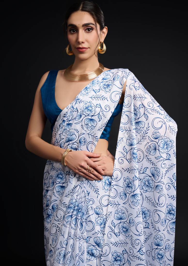 art silk saree with printed design & pallu lace border, paired with banglori unstitched blouse