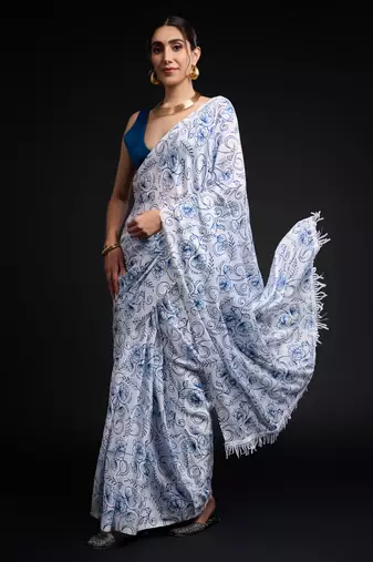 art silk blend saree with printed design & pallu lace border paired with banglori unstitched blouse