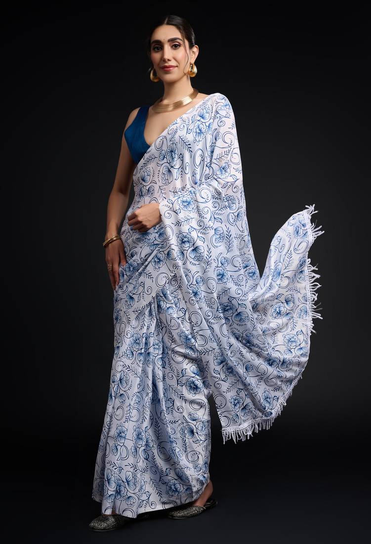 art silk saree with printed design & pallu lace border, paired with banglori unstitched blouse