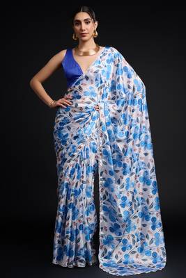 art silk blend saree with printed design & pallu lace border paired with banglori unstitched blouse 1