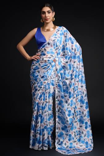 art silk saree with printed design & pallu lace border, paired with banglori unstitched blouse