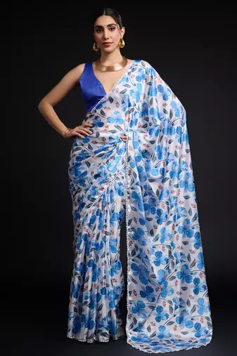 art silk saree with printed design & pallu lace border, paired with banglori unstitched blouse