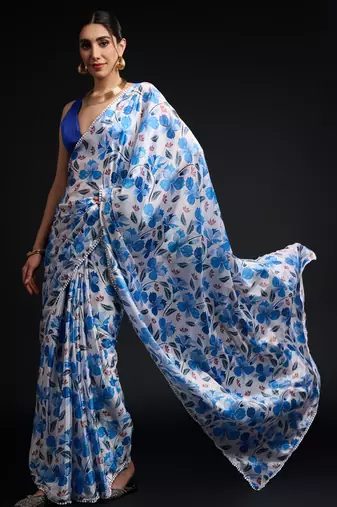 art silk blend saree with printed design & pallu lace border paired with banglori unstitched blouse
