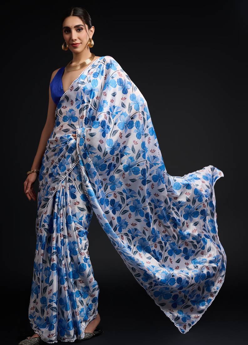 art silk saree with printed design & pallu lace border, paired with banglori unstitched blouse