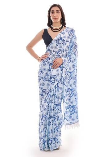 art silk saree with printed design & pallu lace border, paired with banglori unstitched blouse